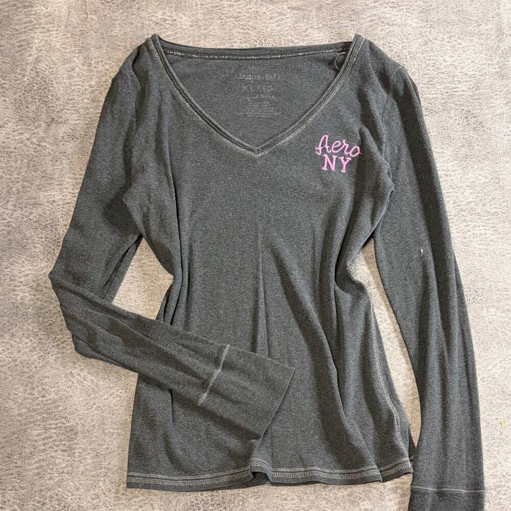Aeropostale Gray Waffle Knit Embroidered Long Sleeve Top